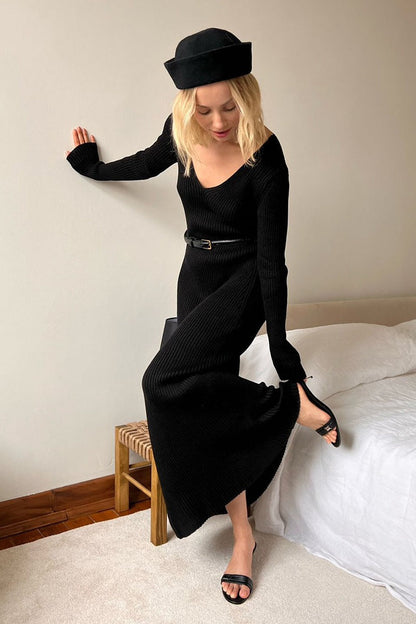 Knit Bodycon V Neck Maxi Dress