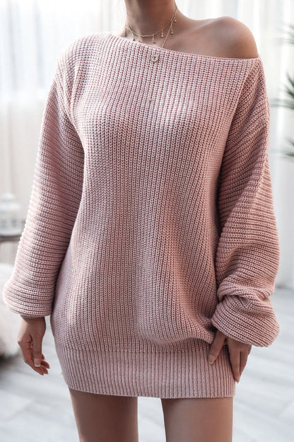Boat Neck Off Shoulder Oversized Balloon Sleeve Ribbed Knit Mini Sweater Dress