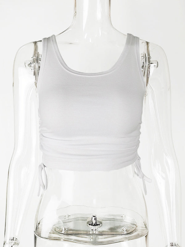 Simple Cami Tops Round Neck Drawstring Convertible Casual Camis
