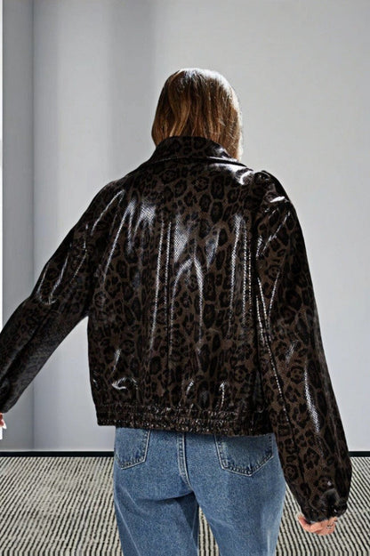 Vintage Leopard Trim PU Jacket