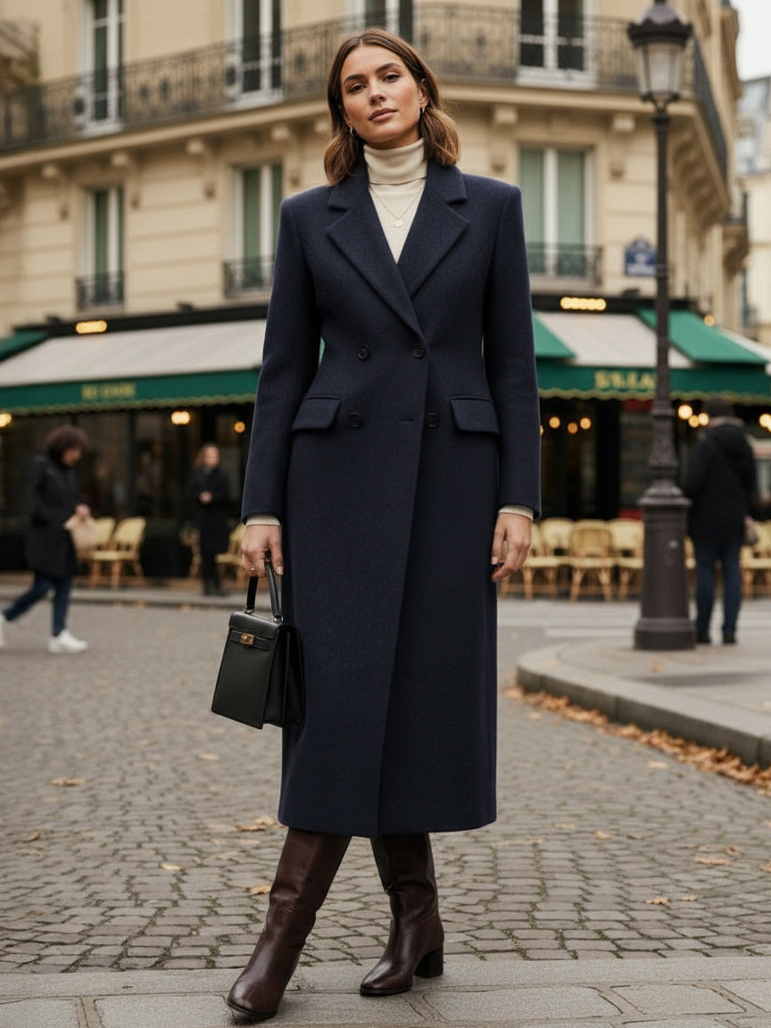 Woolen Double-Breasted Long Coat With Notch Lapel And Flap Pockets For Women 2026