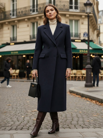 Woolen Double-Breasted Long Coat With Notch Lapel And Flap Pockets For Women 2026