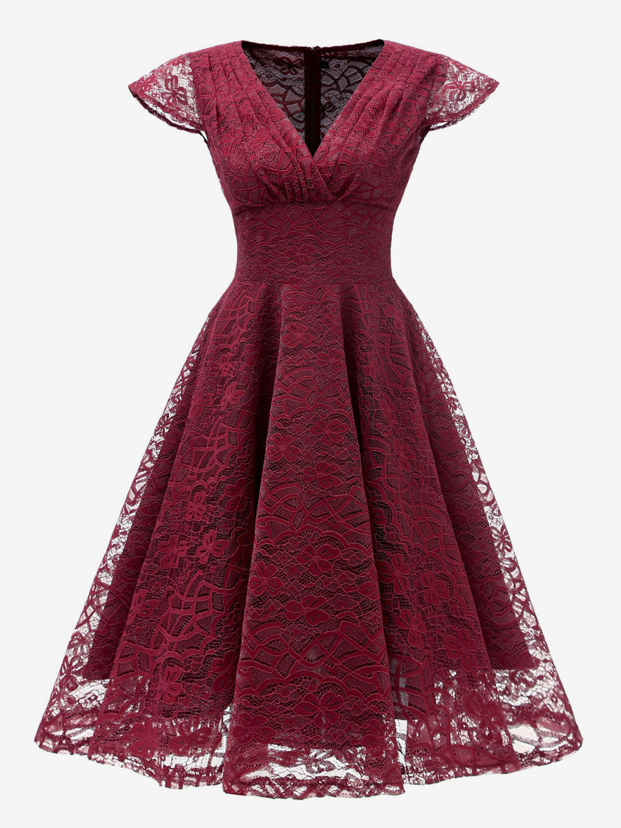 Vintage 1950s Midi Lace Dress for Women - V Neck Cap Sleeve A-line Cocktail Prom Gown - Wedding Guest Wear 2026