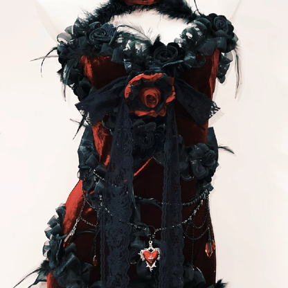 Halter feather flower applique bowknot ruffle maxi dress