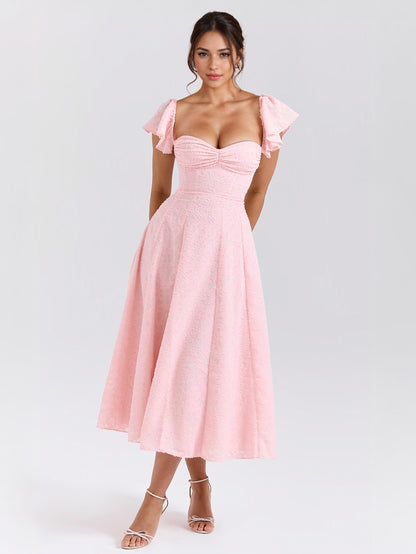 Floral Jacquard Soft Pink Dress With Butterfly Sleeve A-line Midi Party Dress For Women 2026