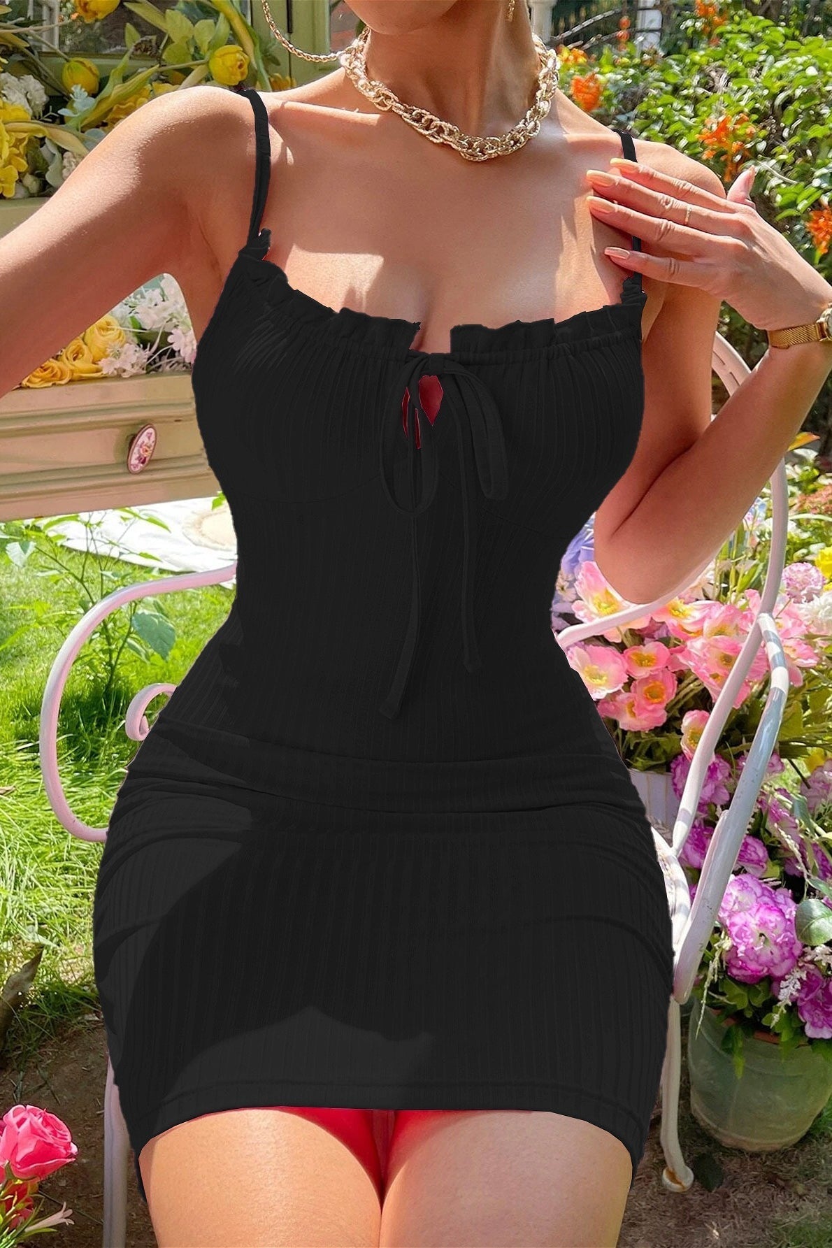 Ribbed Knit Tie-Front Keyhole Ruffle Neck Spaghetti Strap Mini Dress