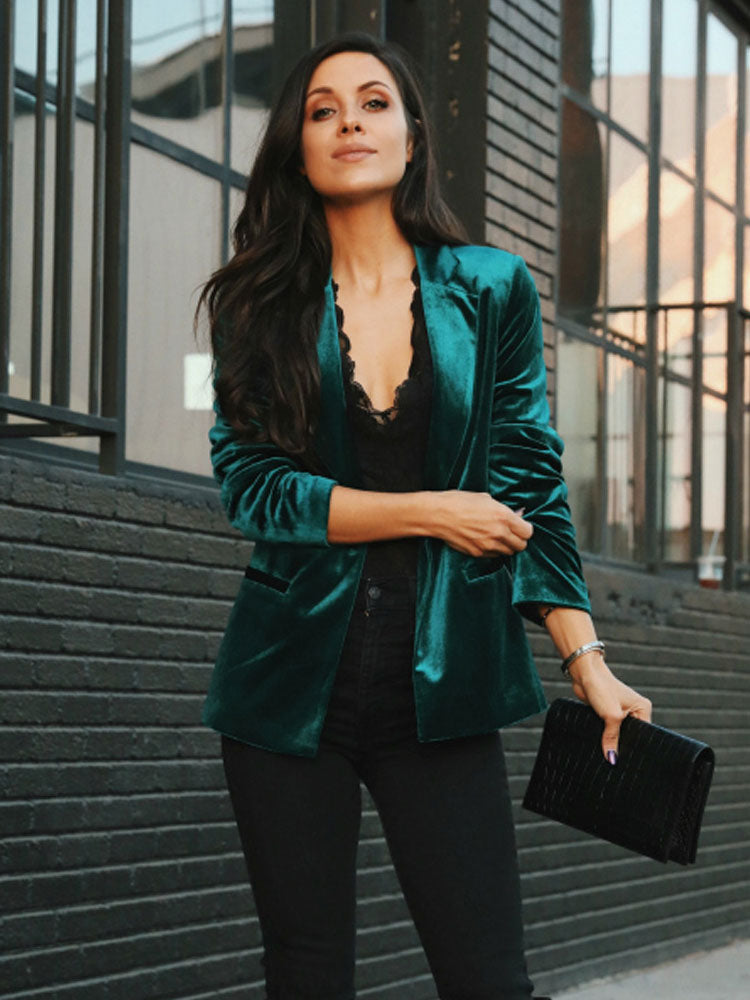 Velour Blazer Jacket For Women Green Burgundy Solid Color Casual Slim Fit Spring Fall Street Outerwear