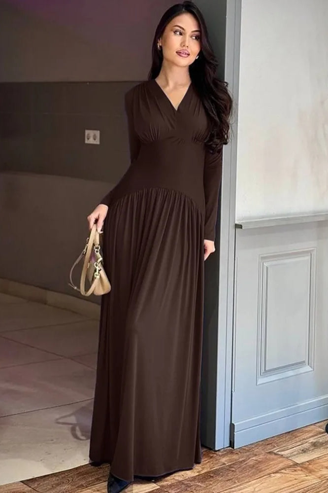Surplice V-Neck Empire Waist Pleated Long Sleeve Maxi Dress