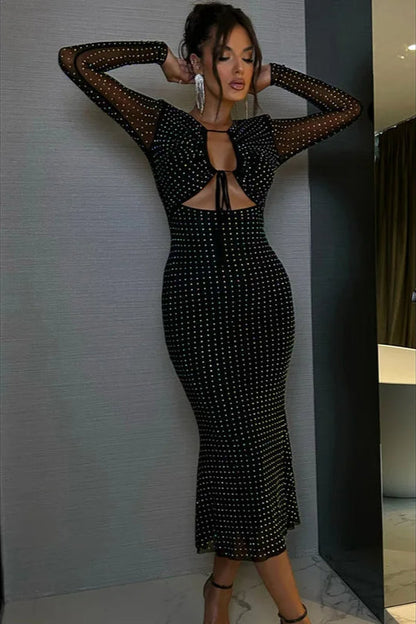 Rhinestone Grid Embellished Long Sleeve Cut-Out Tie-Front Ruched Bodycon Midi Dress