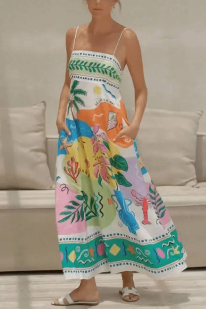 Summer Island Vacation Print Suspender Dress