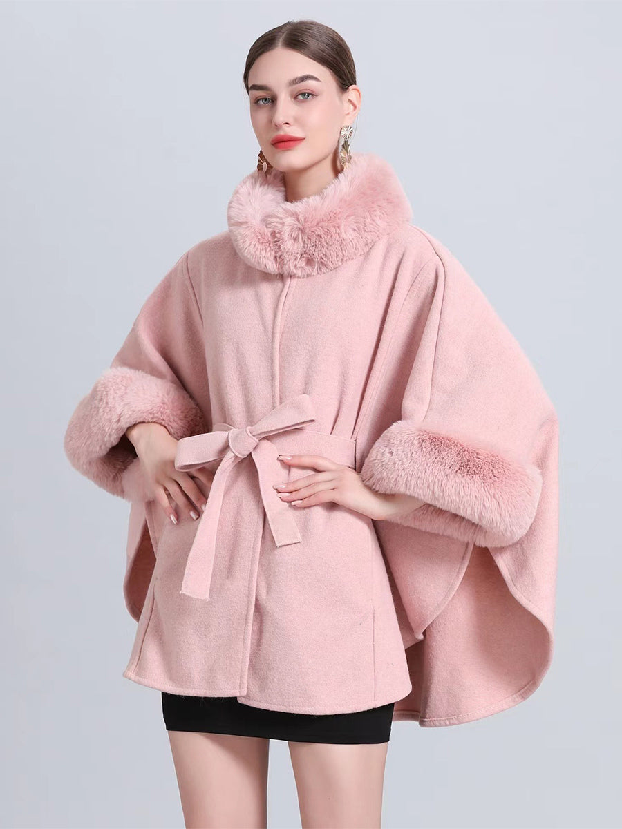 Women Poncho High Collar Light Gray Oversized Faux Fur Cape