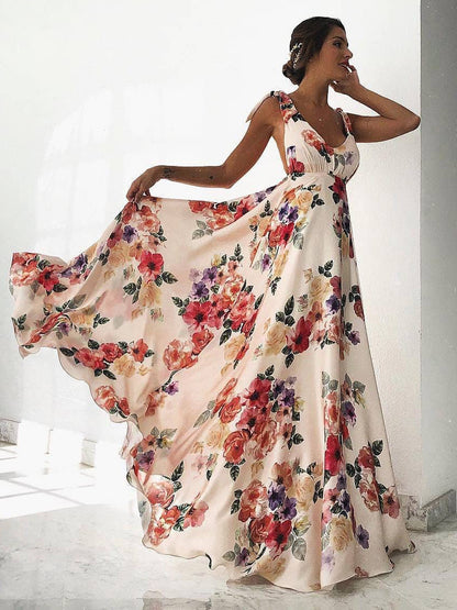 Floral Chiffon Backless Women Maxi Dress - Cream Boho Tie Shoulder A Line Sundress - Summer Beach Wedding Guest Party 2026
