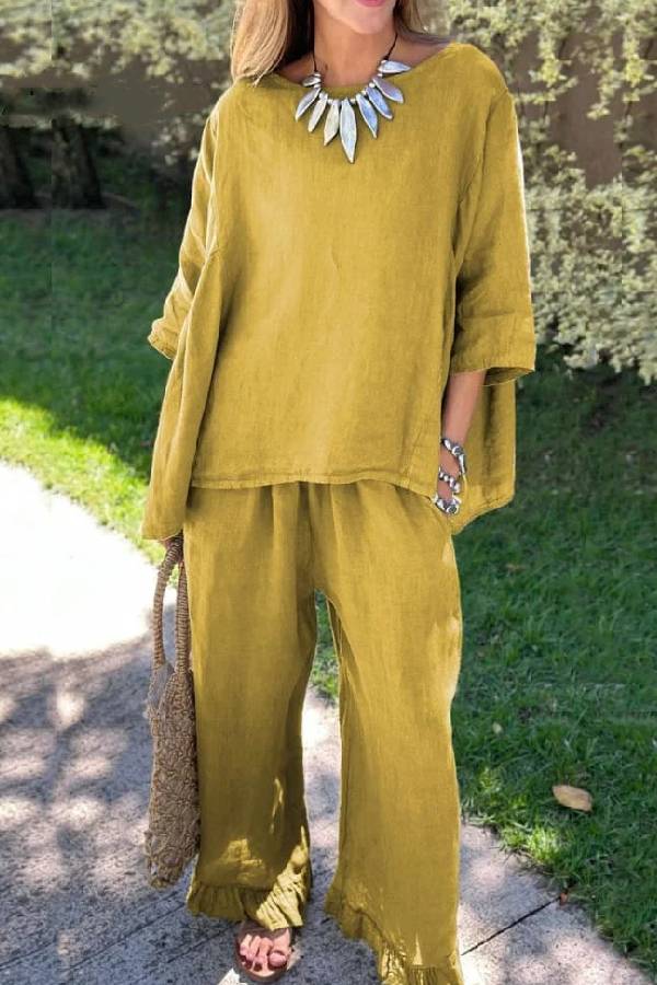 Casual Solid Color Loose Top & Pants Cotton Linen Two-piece Set