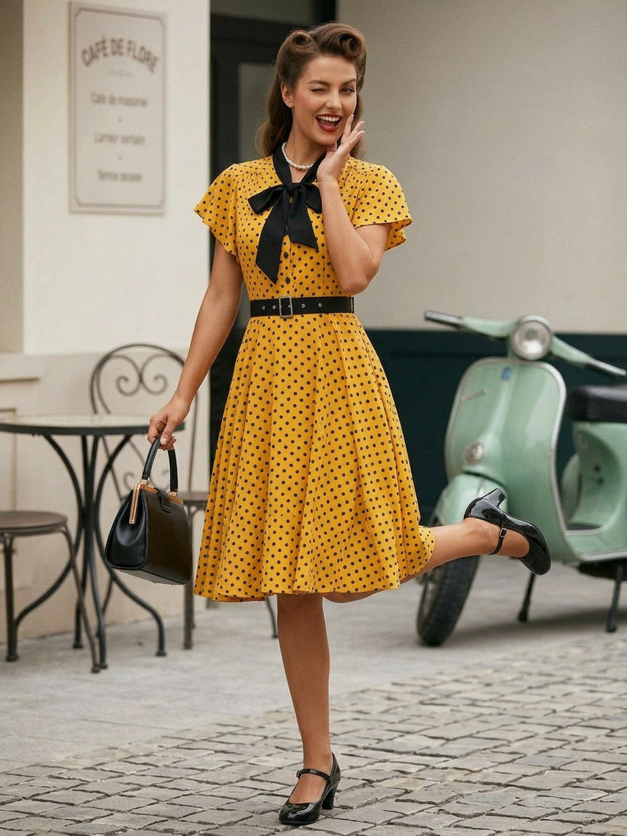 Polka Dot Shirt Dress With Tie And Belt Flutter Sleeve Vintage Midi Dress For Women 2026