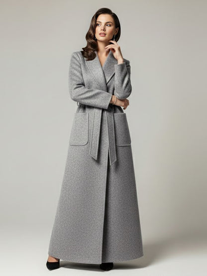 Belted Woolen Full-Length Maxi Coat With Wide Shawl Collar For Women 2026