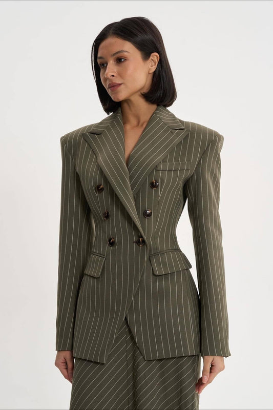 Structured Flowing Striped Fitted Two Piece Blazer Skirt Set