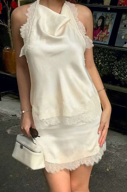 Lace Trim Cowl Neck Halter Satin Cami Top and Mini Skirt Set