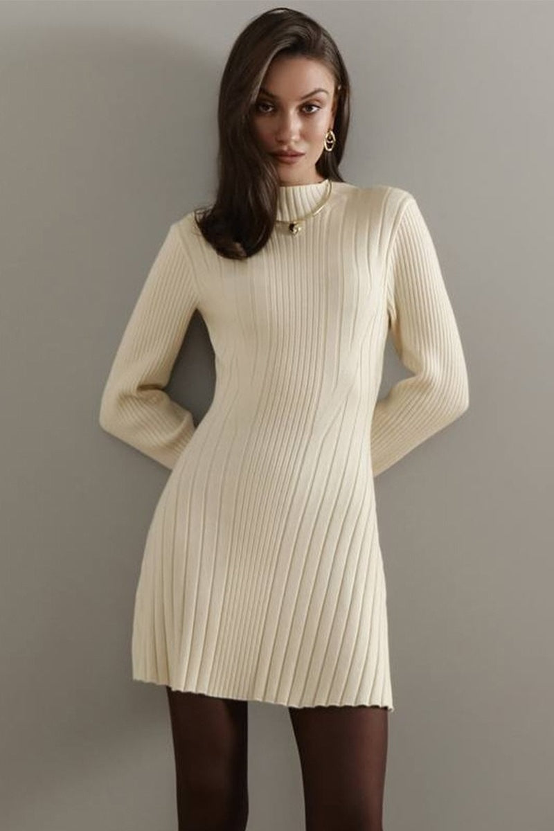 Rib-Knit Mock Neck Long Sleeve A-Line Mini Sweater Dress