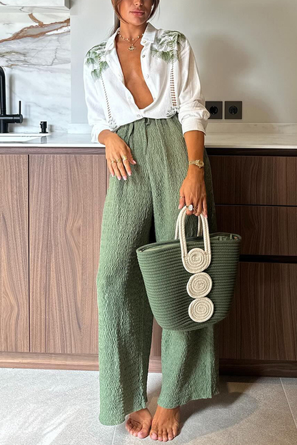 Tropical Calling Linen Blend Unique Print Loose Blouse and Elastic Waist Pants Set