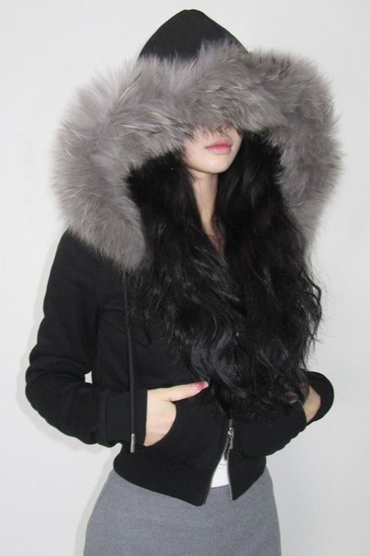 Fur Trim Hooded Zip Waist Jacket