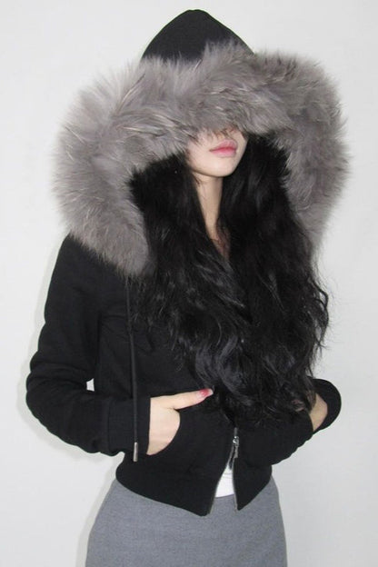 Fur Trim Hooded Zip Waist Jacket