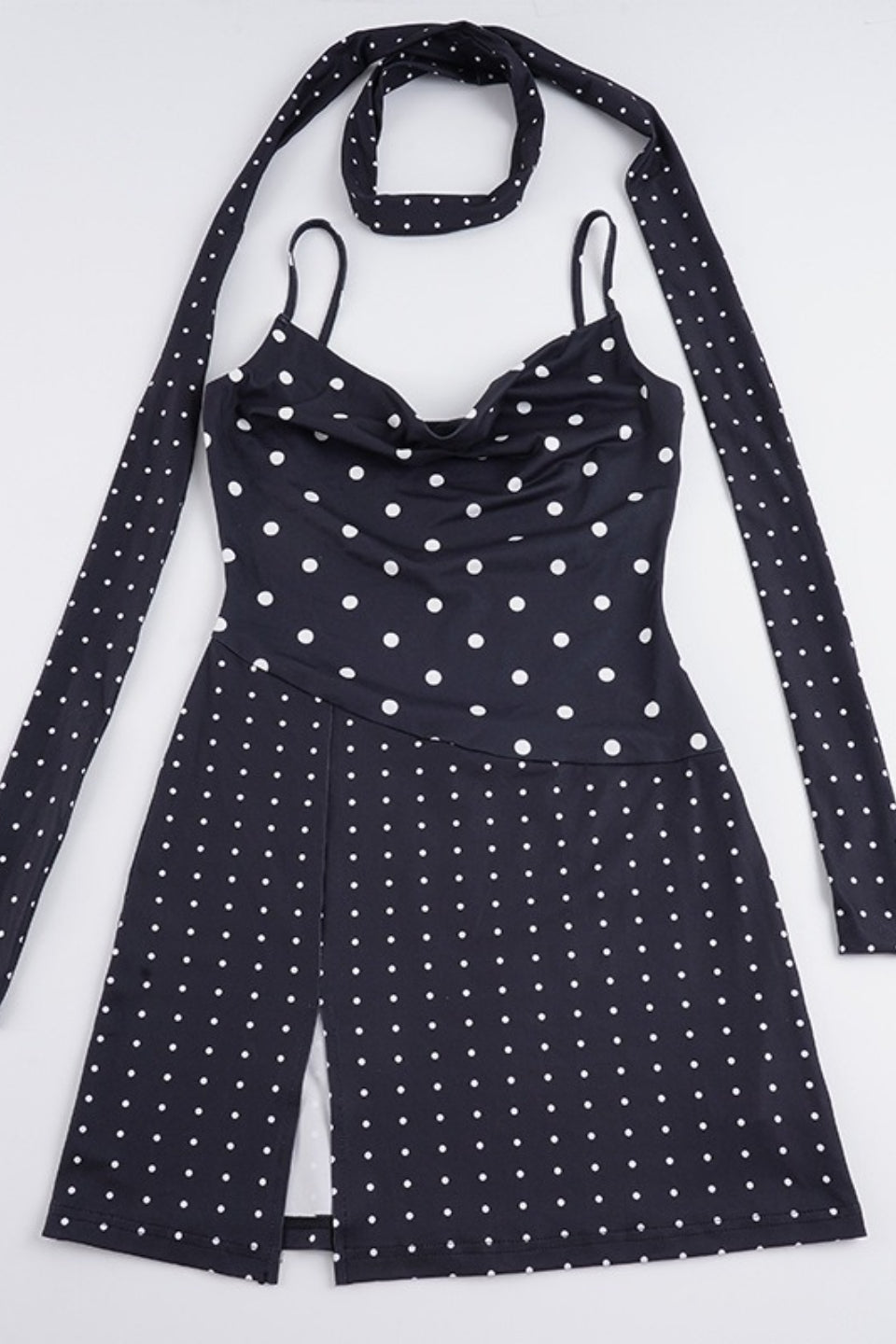 Polka Dot Cowl Neck Spaghetti Strap High Slit Mini Dress