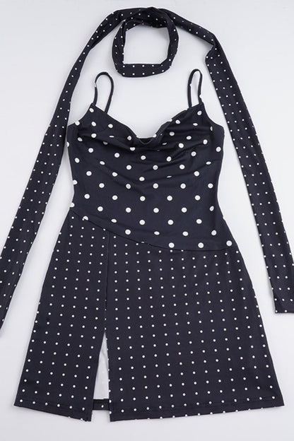 Polka Dot Cowl Neck Spaghetti Strap High Slit Mini Dress