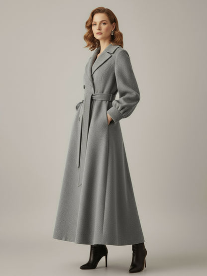 Belted Double-Breasted Woolen Full-Length Coat With Balloon Sleeves For Women 2026