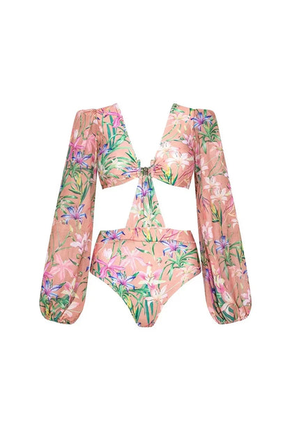 Mesh Patchwork Printed Long Sleeve Swimsuit