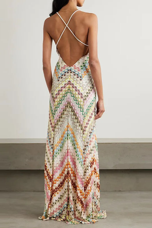 Chevron Print Halter Deep V-Neck Sleeveless Maxi Dress