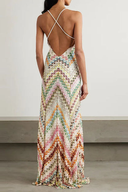 Chevron Print Halter Deep V-Neck Sleeveless Maxi Dress