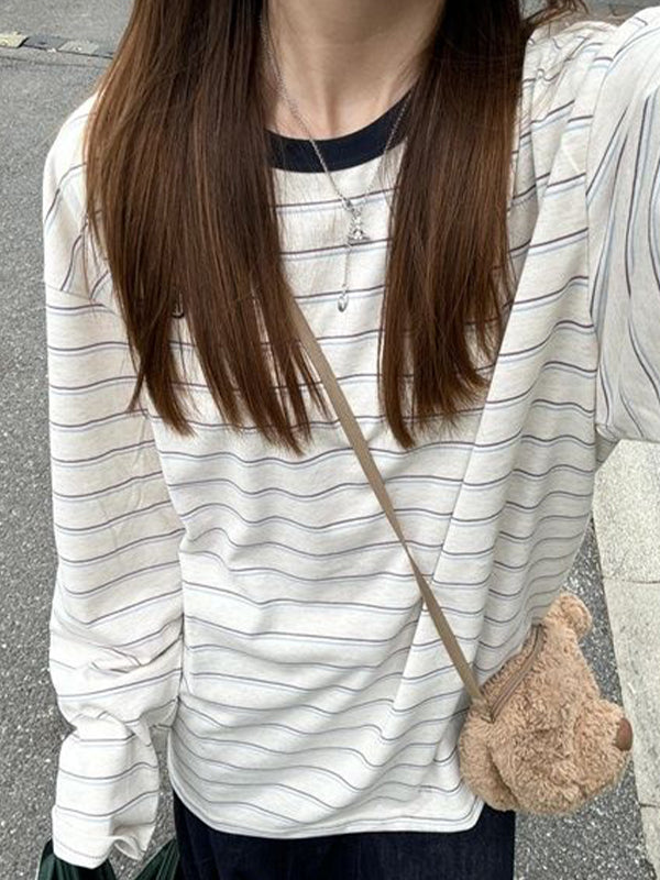 Stripe Print Oversized Long Sleeves Tee