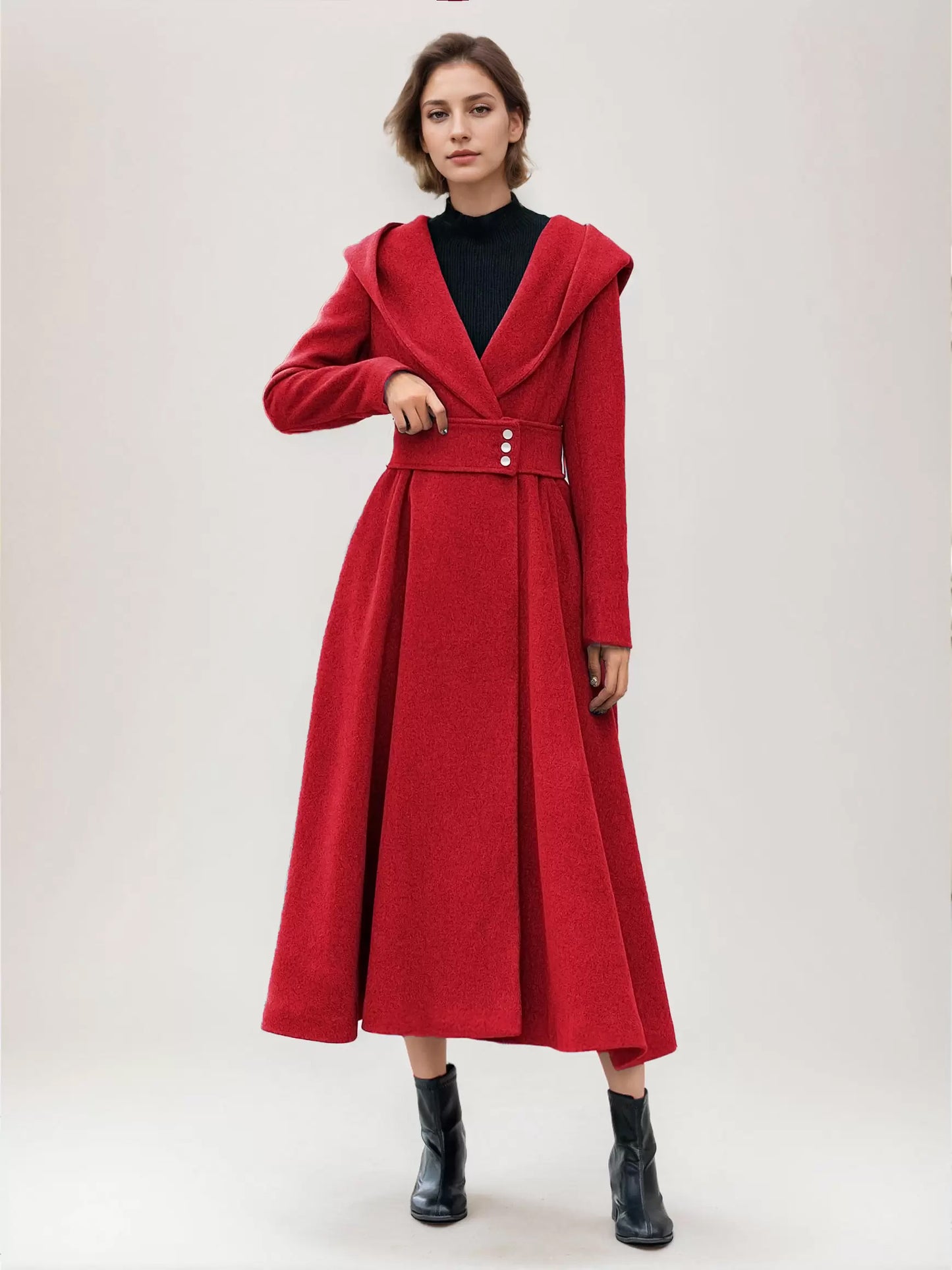 Flared Woolen Coat For Woman Hooded Gray Belted A-line Winter Long Outerwear 2026