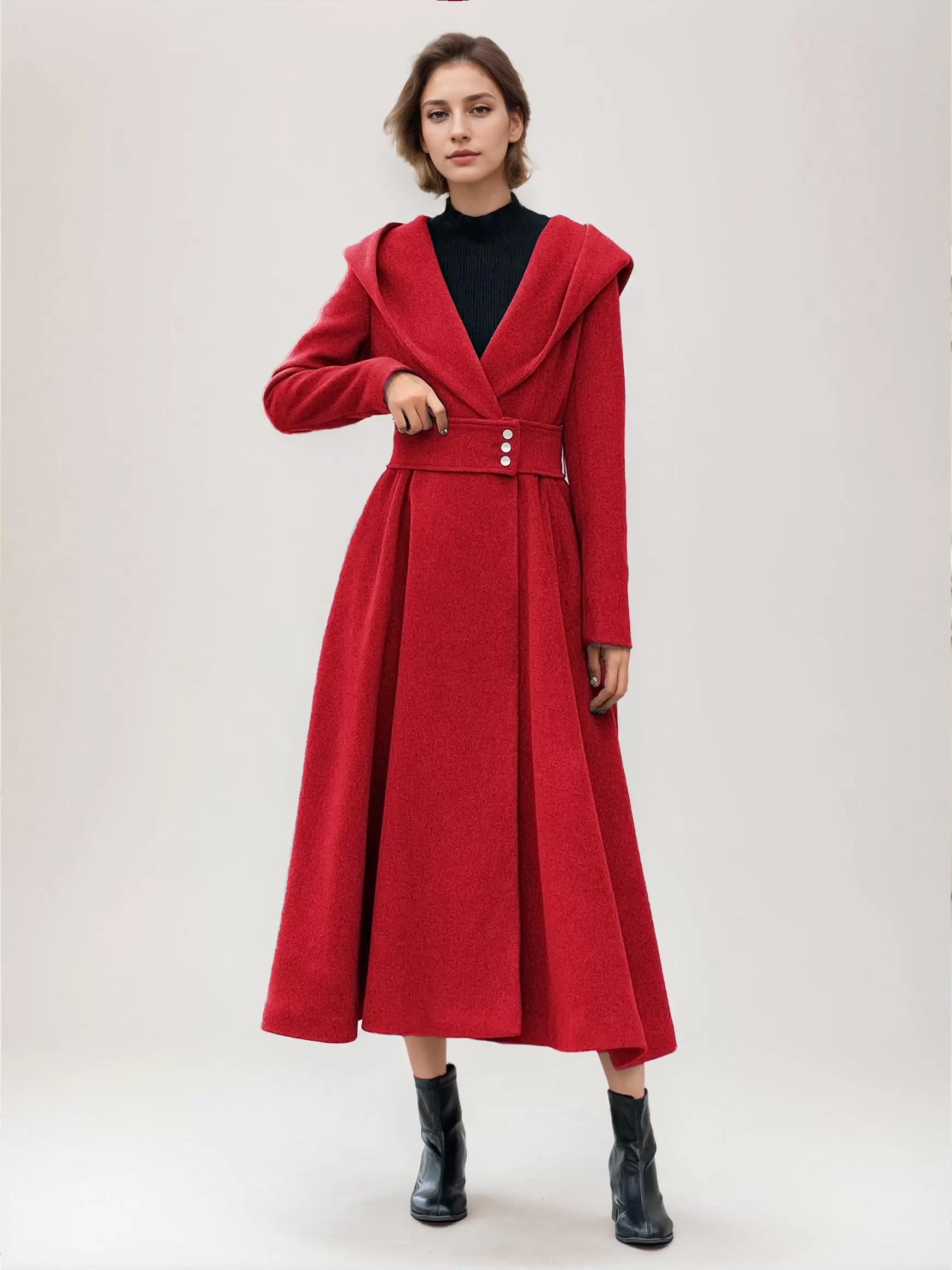 Flared Woolen Coat For Woman Hooded Gray Belted A-line Winter Long Outerwear 2026