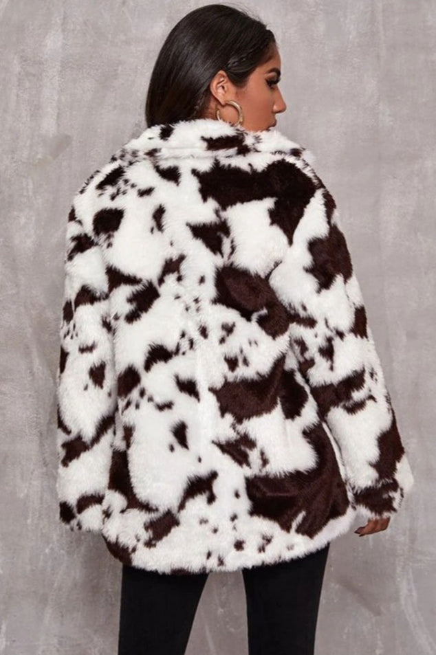 Black and White Faux Fur Cow Print Coat