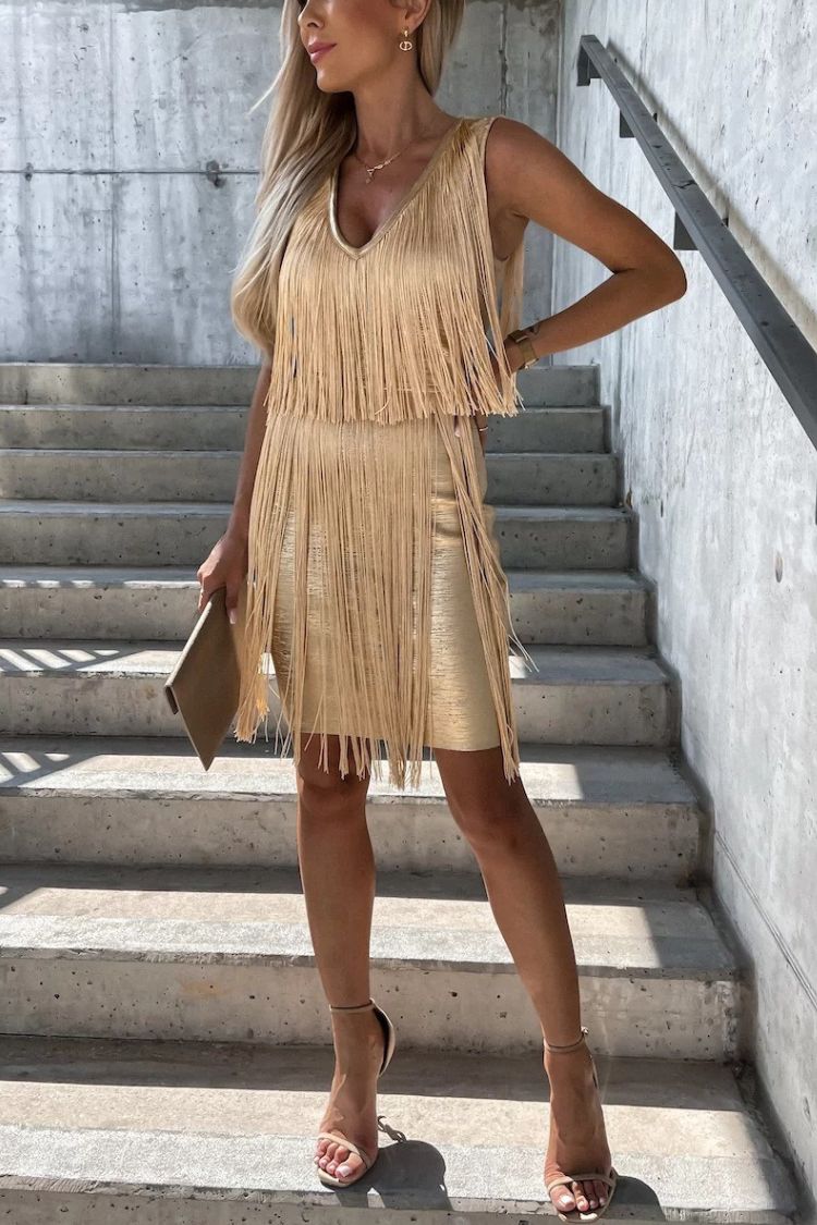 V-neck tassel sleeveless mini dress