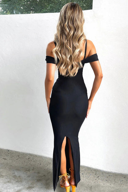 Low V Neck Spaghetti Strap Backless Slit Maxi Dress