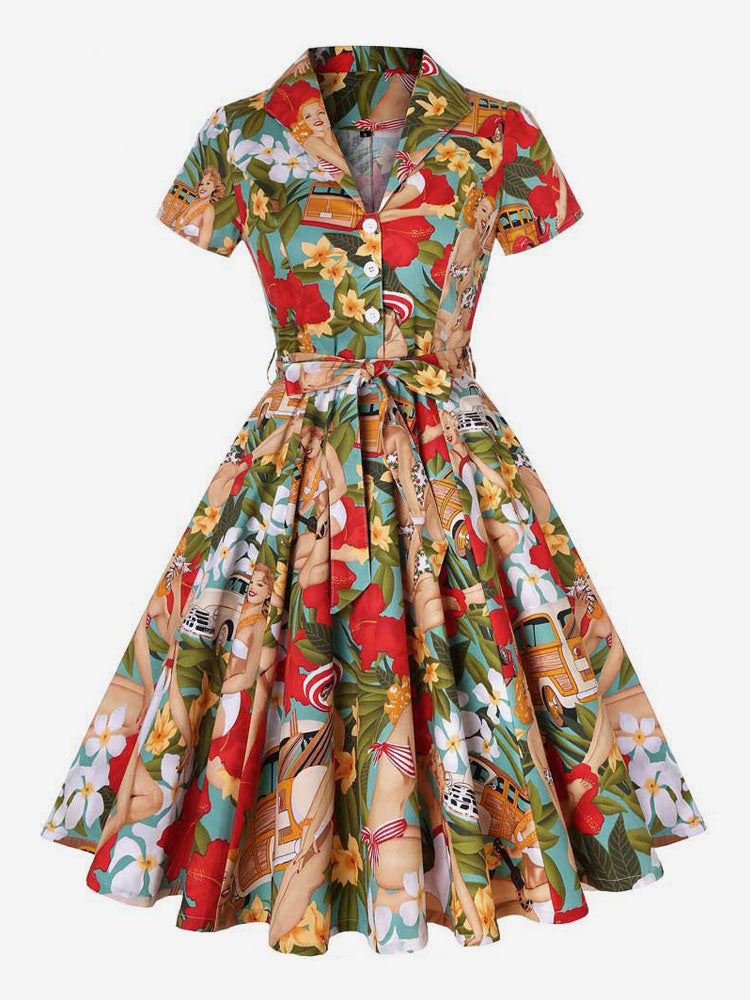 Vintage Printed Tea Dress for Women - 1950s A-Line Belted Short Sleeve Rockabilly Swing Midi Dress - Holiday Picnic 2026