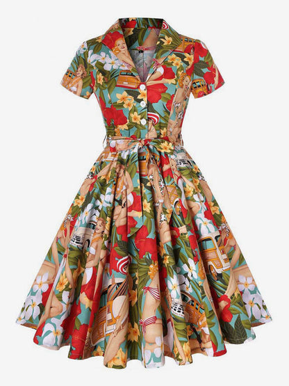 Vintage Printed Tea Dress for Women - 1950s A-Line Belted Short Sleeve Rockabilly Swing Midi Dress - Holiday Picnic 2026