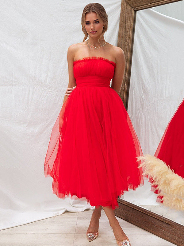 Tulle Dresses Strapless Pleated Off The Shoulder Layered Prom Midi Dress