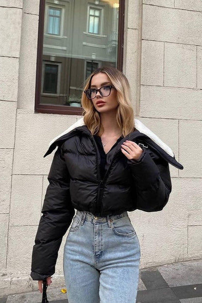 Polar Fleece Patchwork Faux Fur Collar Puffer Jacket