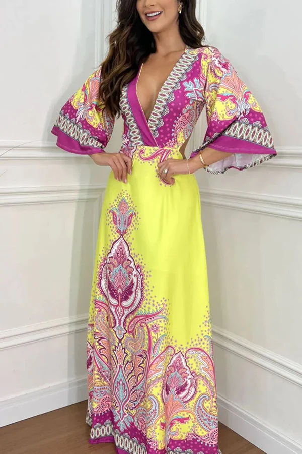 Stand Out and Shine Palace Style Print Bell Sleeve Backless Vacation Maxi Dress