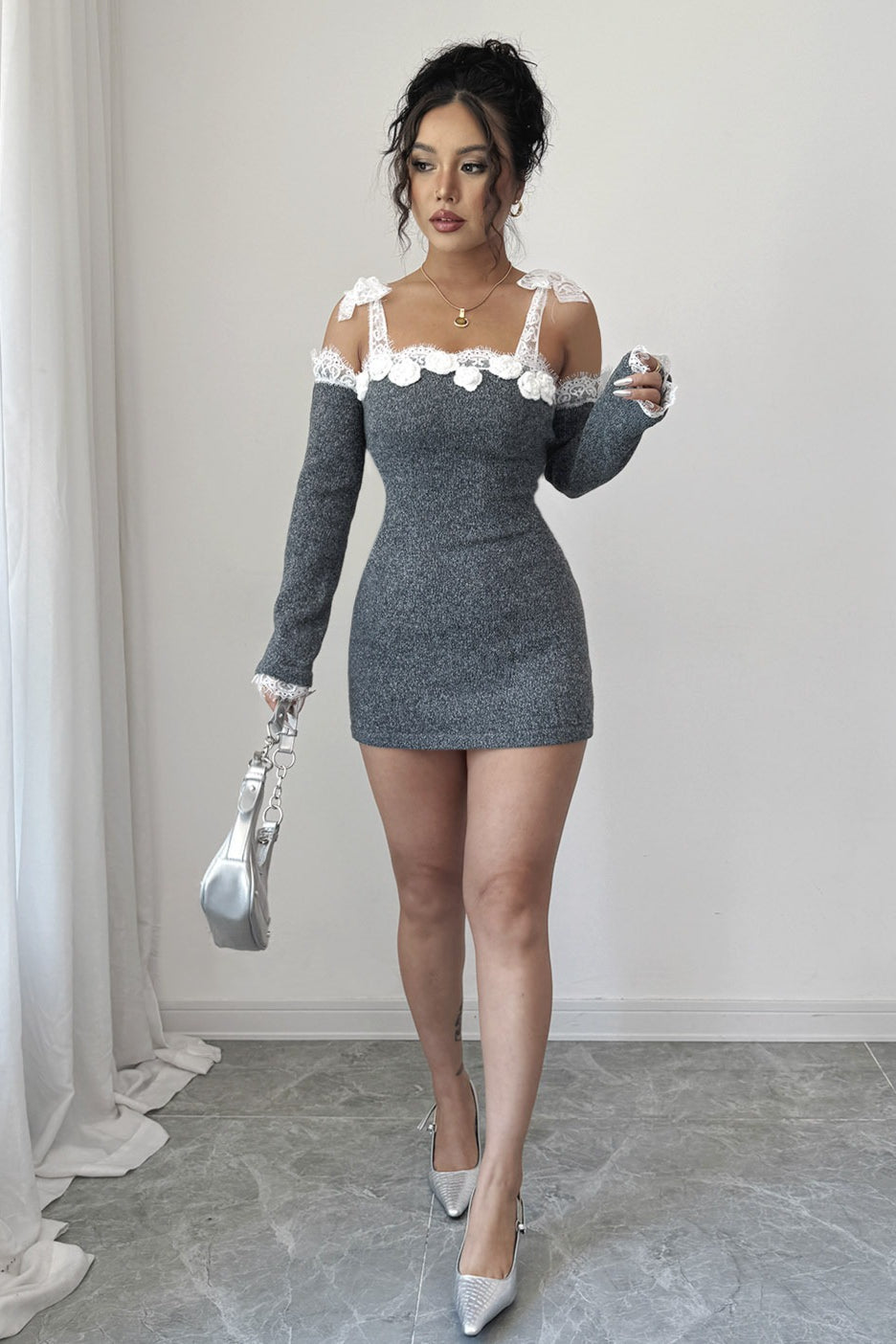 Knit Lace Bow Strap Cold Shoulder Lace Cuff Mini Sweater Dress