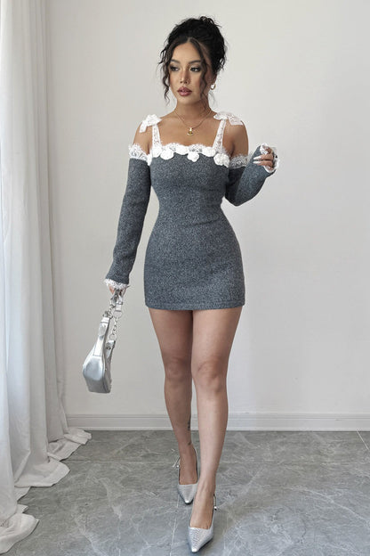 Knit Lace Bow Strap Cold Shoulder Lace Cuff Mini Sweater Dress