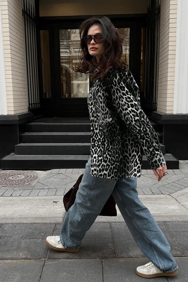 Leopard Print Long Sleeve Open Front Coat