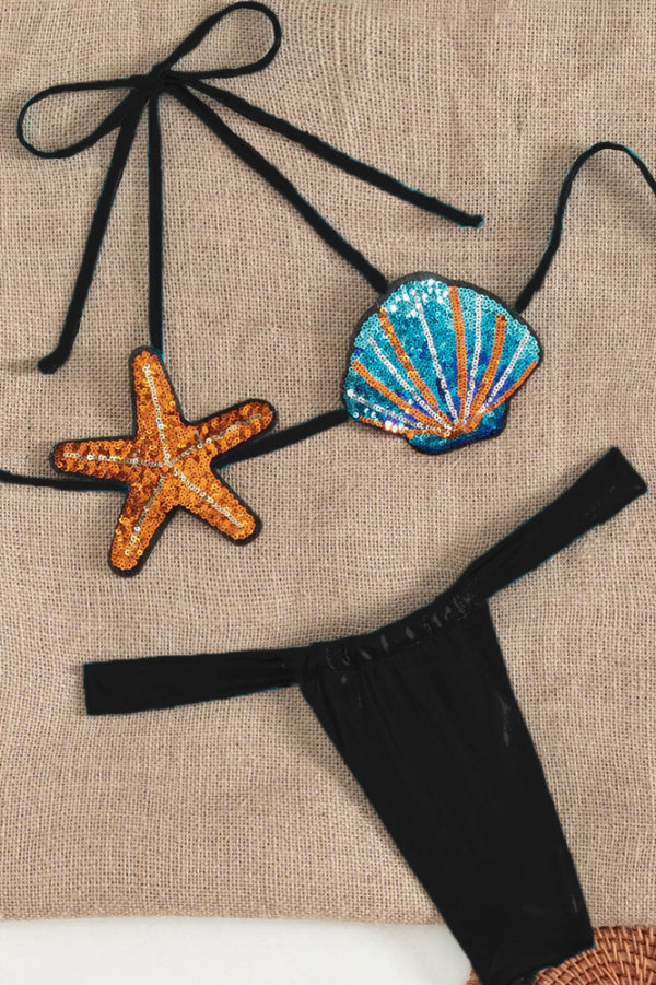 Colorful Sequined Shell Tie Two-piece Stretch Bikini Swimsuit
