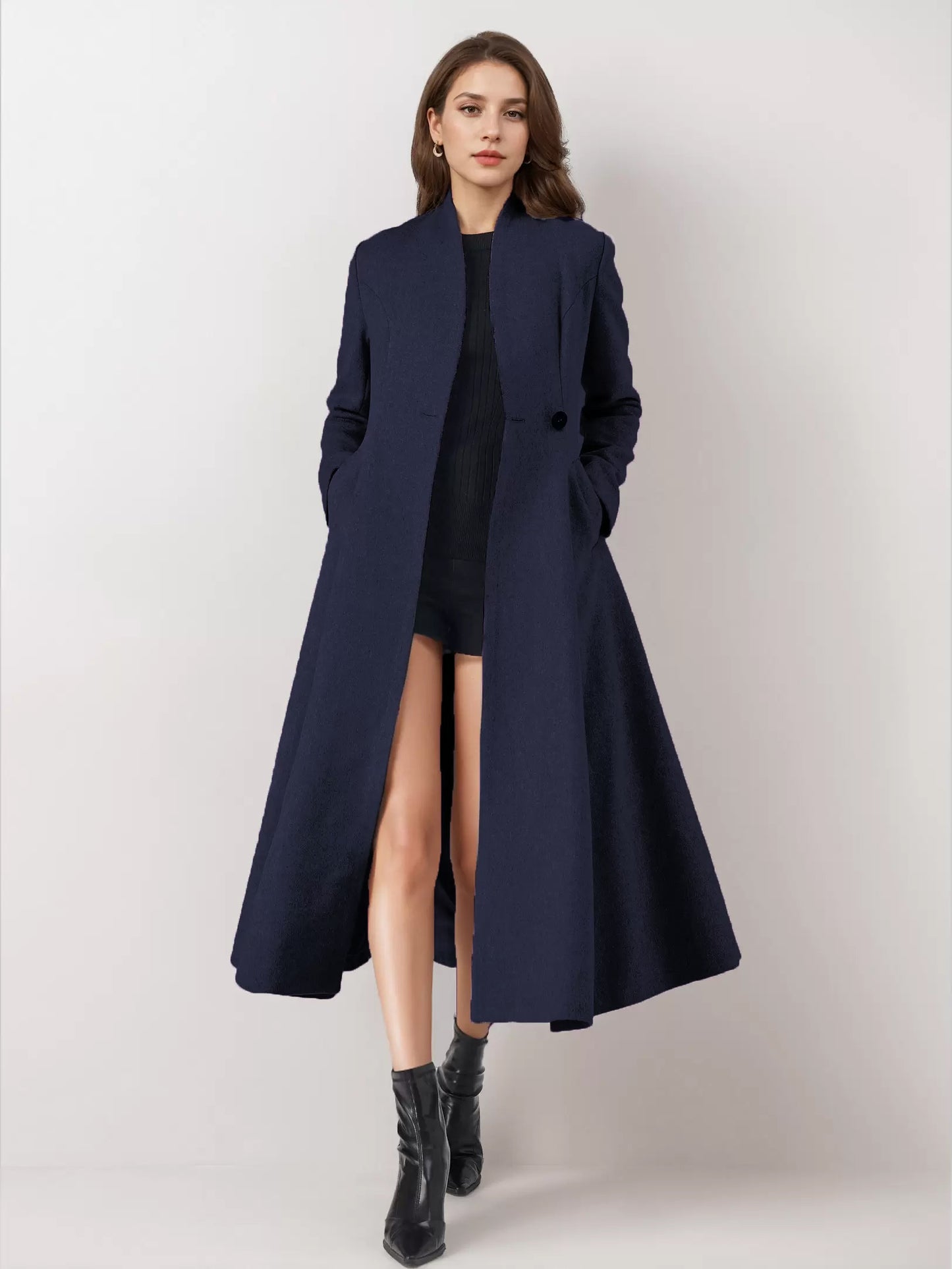Wool Blend Flared Coat For Woman One Button Gray A-line Winter Midi Outerwear 2026