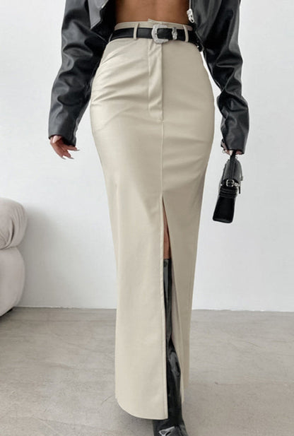 Khaki PU Leather High Waist Split Midi Skirt