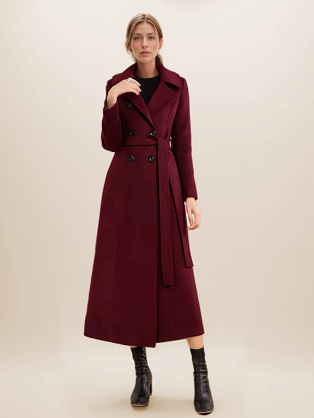 Long Wool Blend Coat For Women Burgundy Double-breasted Belted Turndown Collar Classic Winter Outerwear 2026