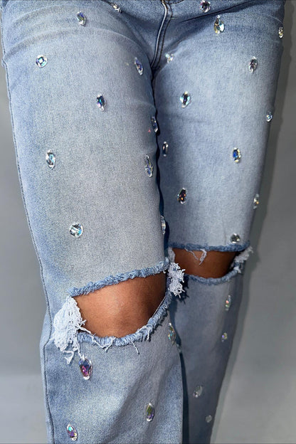 High Waist Rhinestone Ripped Jean
